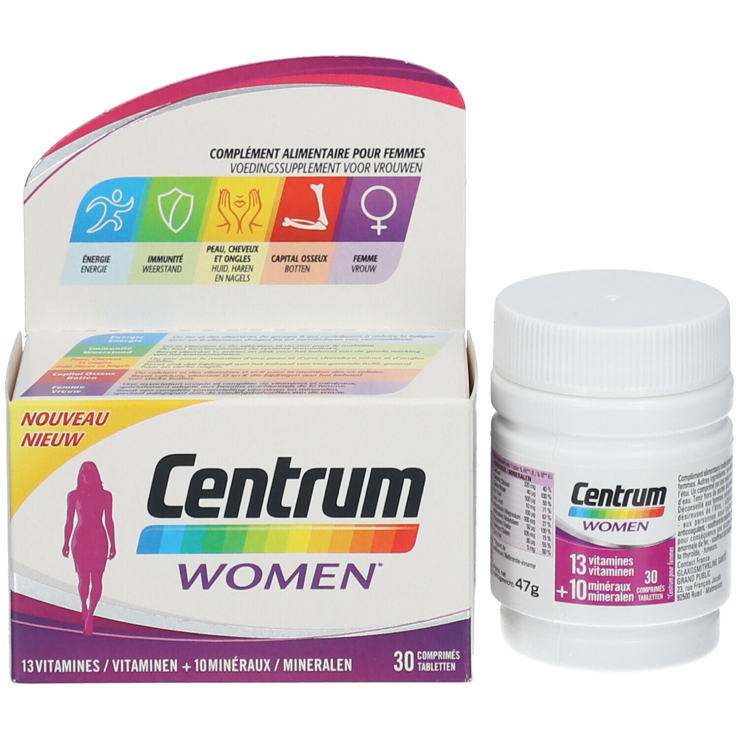 Boîte et flacon Centrum Women. Boîte avec image et texte du produit. Flacon de 30 comprimés. Informations sur le produit.