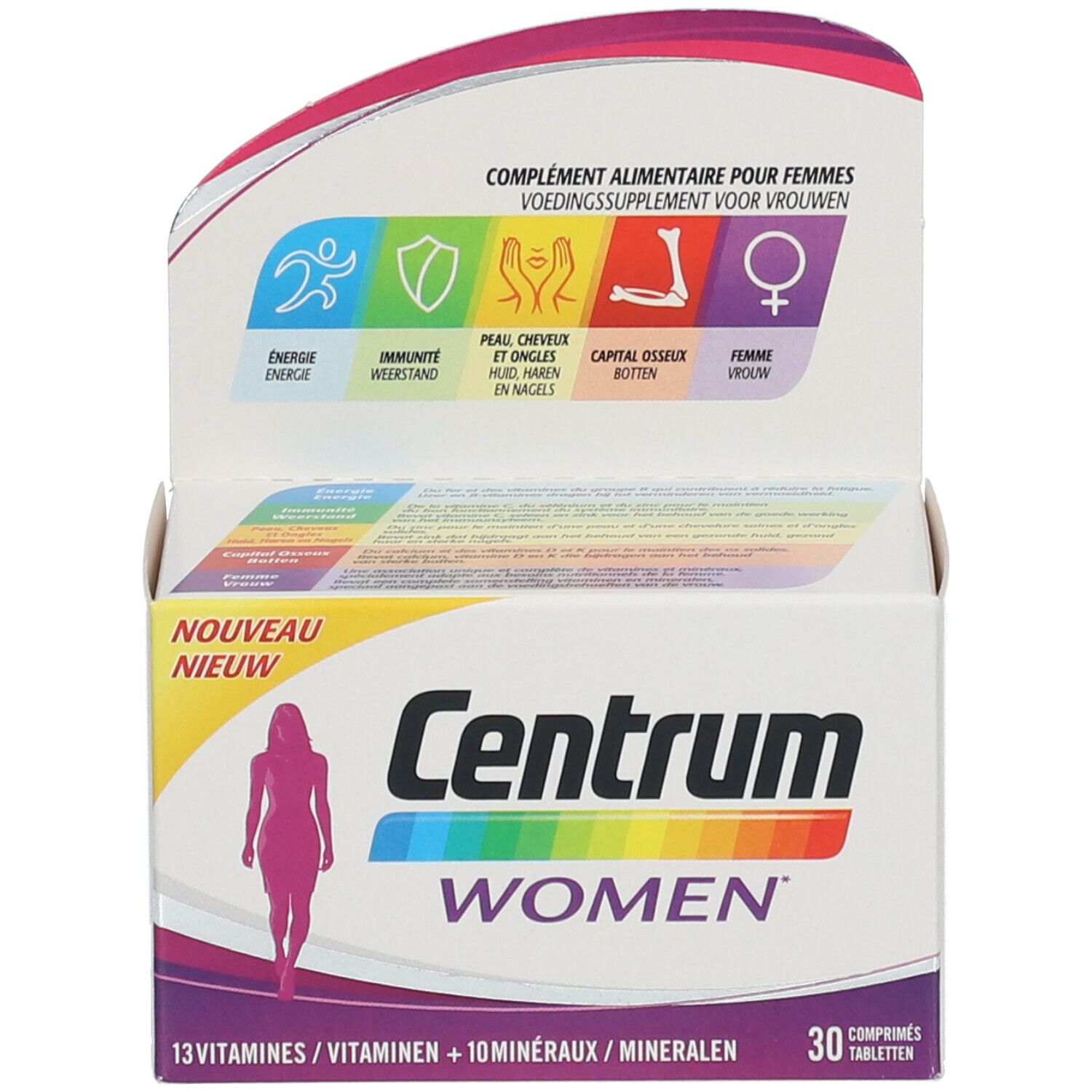 Boîte Centrum Women. Boîte avec image et texte du produit. Contient 30 comprimés. Informations et illustrations.