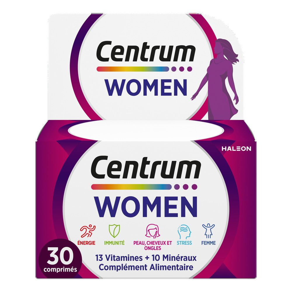 Boîte et flacon Centrum Women. Boîte avec image et texte du produit. Flacon de 30 comprimés. Informations sur le produit.