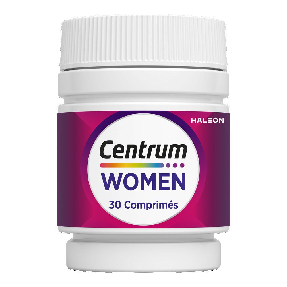 Flacon de Centrum Women. Contient 13 vitamines et 10 minéraux. 30 comprimés. Flacon blanc avec couvercle. Informations imprimées.