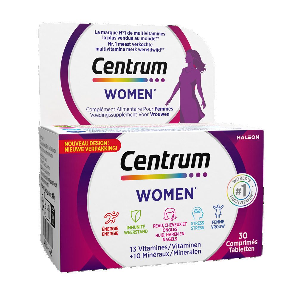 Flacon de Centrum Women. Contient 13 vitamines et 10 minéraux. 30 comprimés. Flacon blanc avec couvercle. Informations imprimées.
