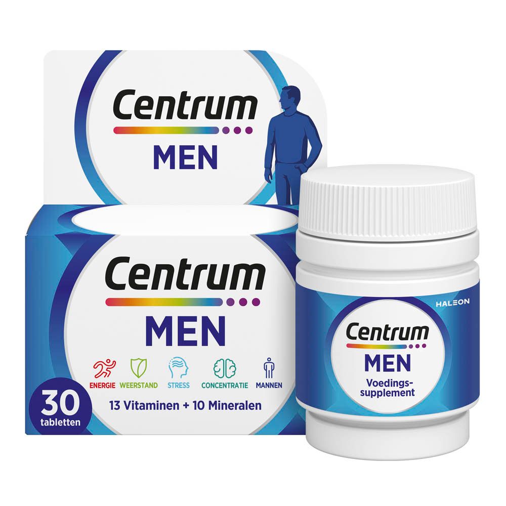 Centrum MEN verpakking en fles. Opschrift: 30 tabletten. 13 vitaminen + 10 mineralen. Blauw design.