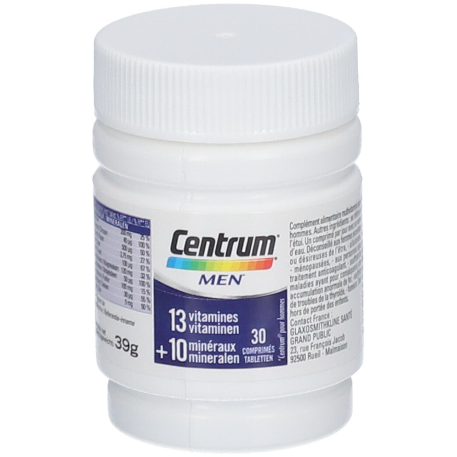 Witte fles met deksel. Opschrift: Centrum MEN, 13 vitaminen + 10 mineralen, 30 tabletten. Gekleurde streep.