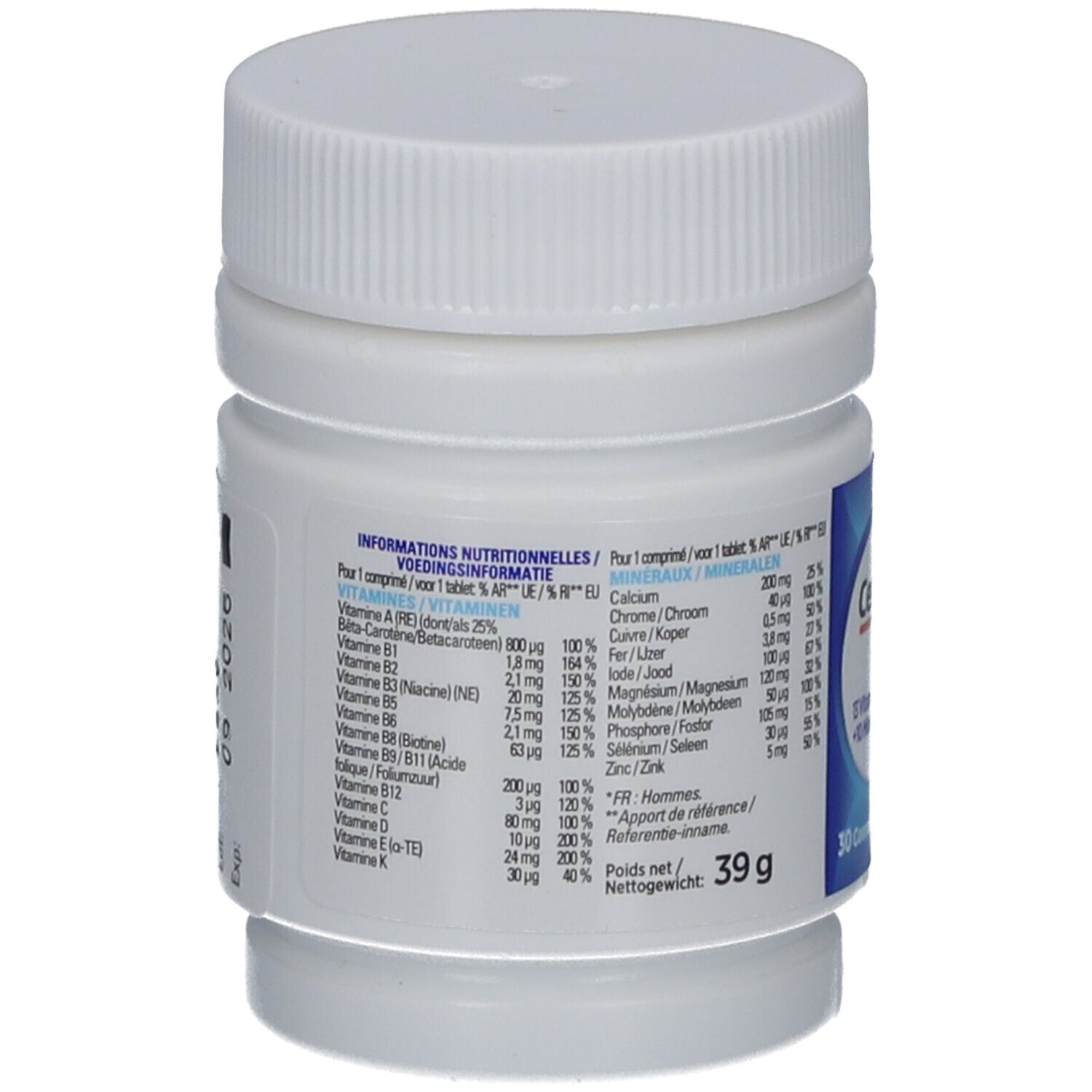 Witte fles met deksel. Achterkant met voedingswaarde-informatie. Opschrift: 39g. Bevat 13 vitaminen en 10 mineralen.