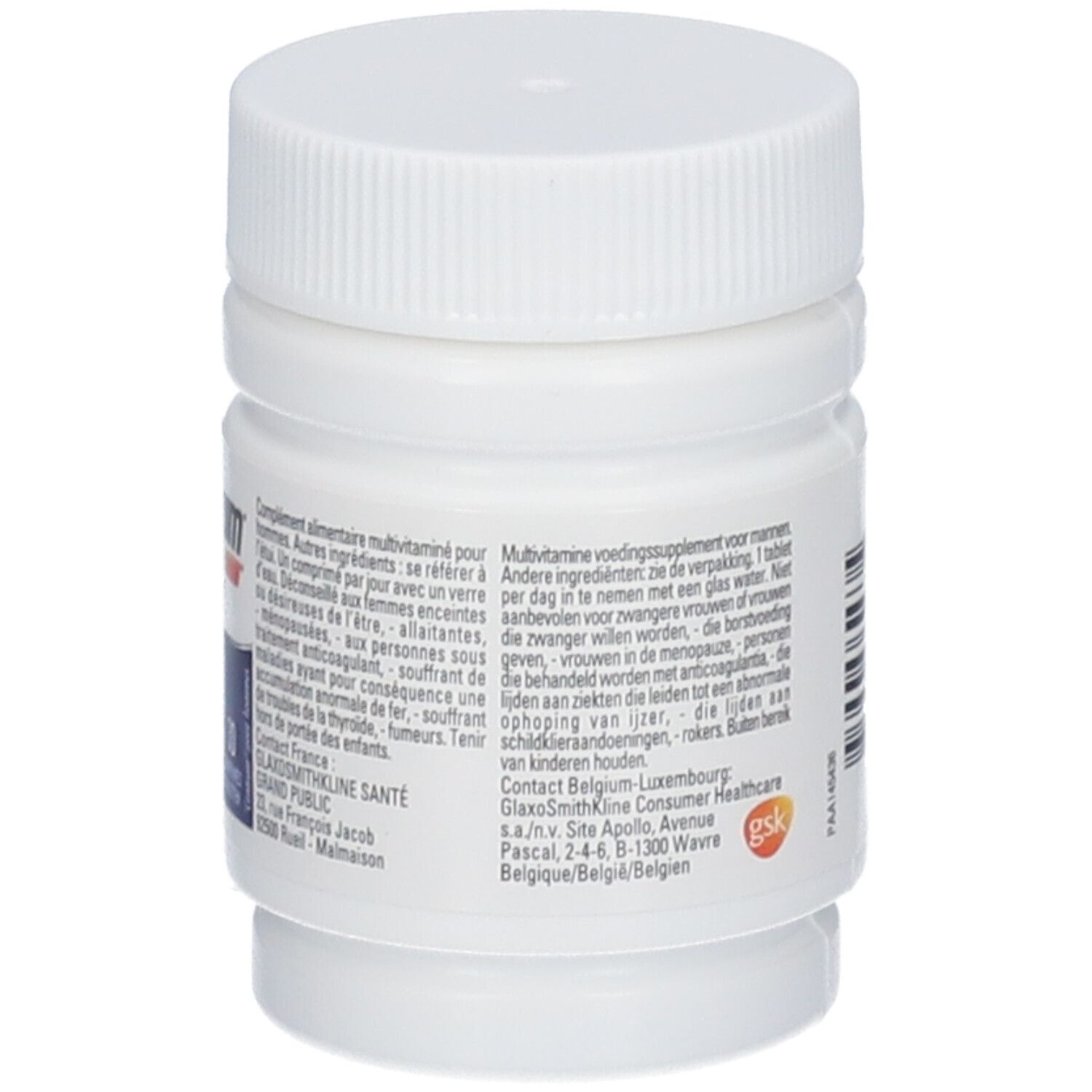 Witte fles met deksel. Tekst in het Frans en Nederlands. Multivitamine supplement voor mannen.