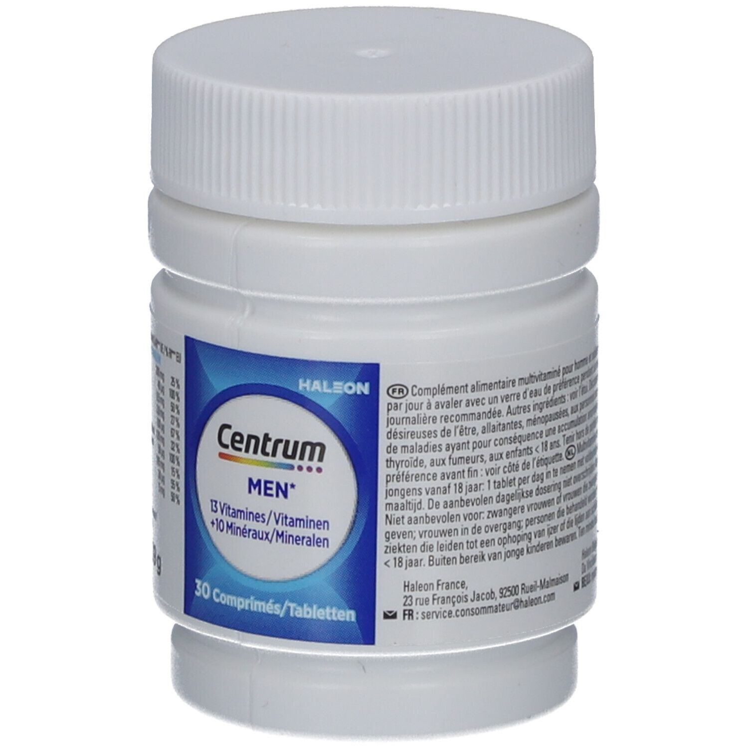Witte fles met deksel. Opschrift: Centrum MEN, 13 vitaminen + 10 mineralen, 30 tabletten. Gekleurde streep.