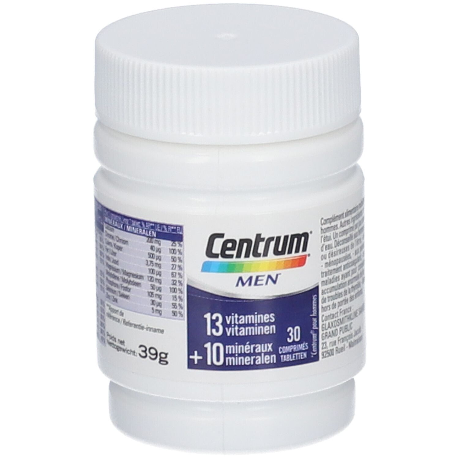 Witte fles met deksel. Opschrift: Centrum MEN, 13 vitaminen + 10 mineralen, 30 tabletten. Gekleurde streep.