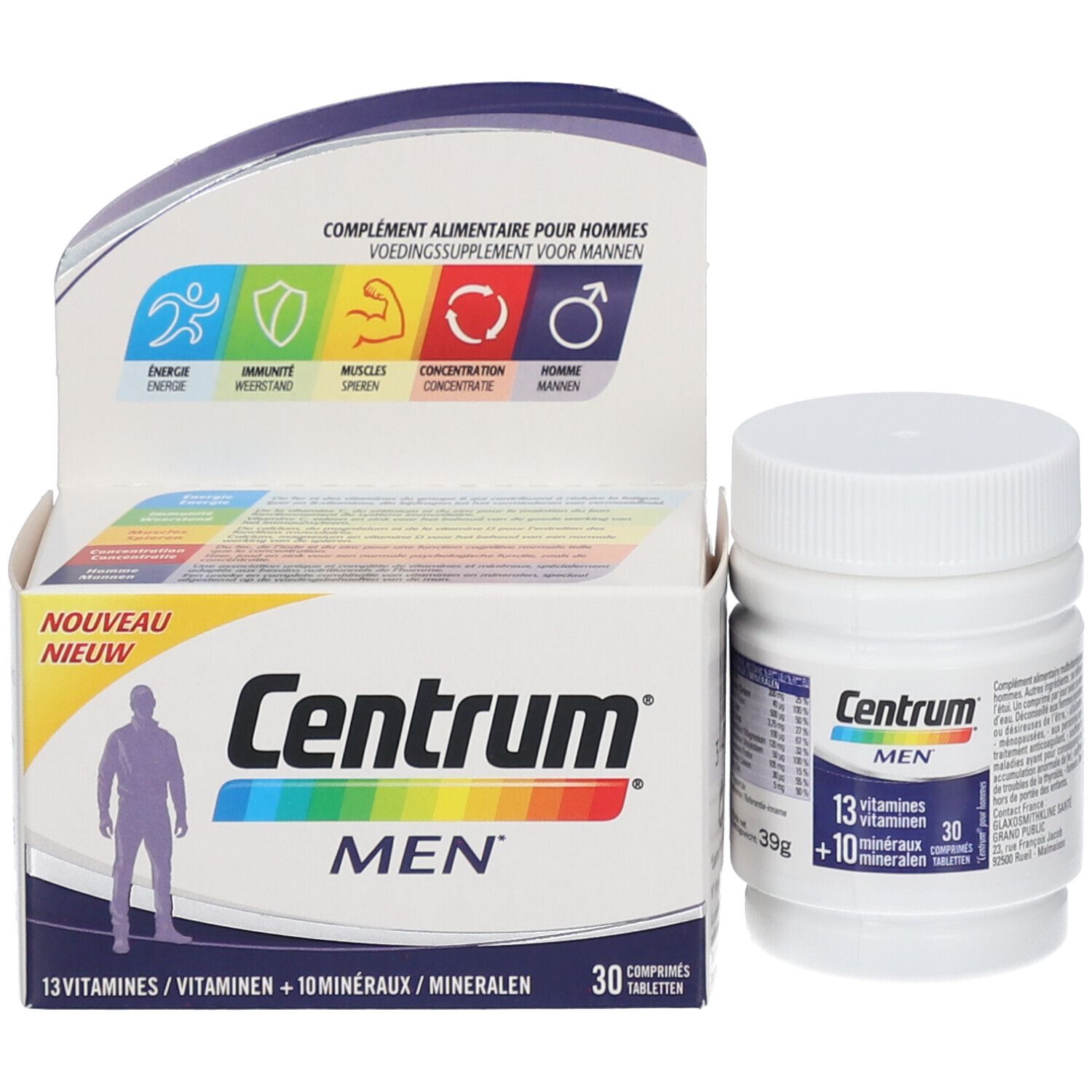 Centrum MEN verpakking en fles. Verpakking met man-silhouet, 30 tabletten. Fles met 39g.