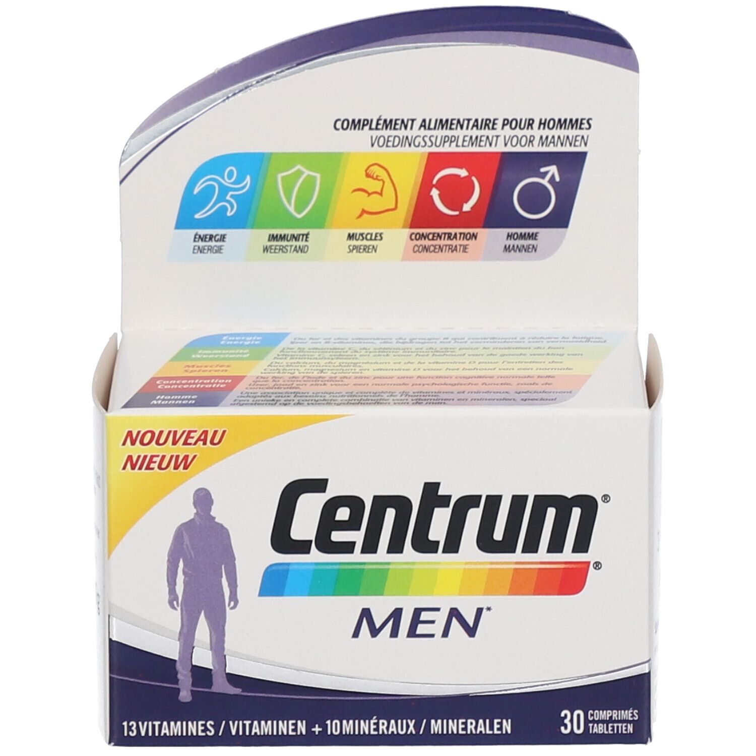 Centrum MEN verpakking. Opschrift: 30 tabletten, 13 vitaminen + 10 mineralen. Man-silhouet. Gekleurde achtergrond.