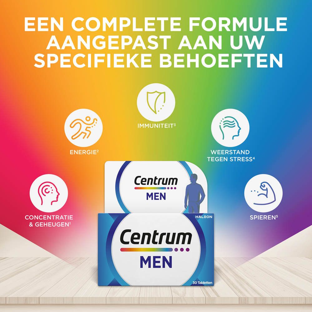 Centrum MEN verpakking en fles. Opschrift: 30 tabletten. 13 vitaminen + 10 mineralen. Blauw design.