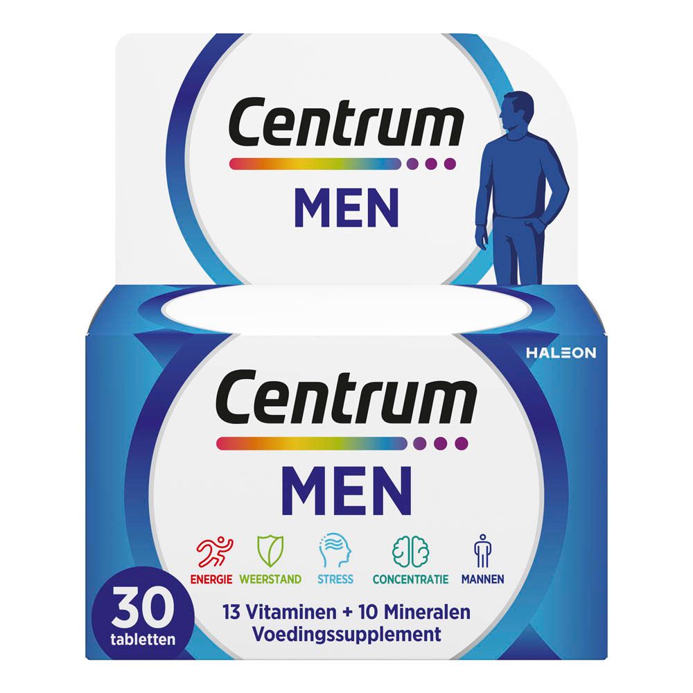 Centrum MEN verpakking en fles. Opschrift: 30 tabletten. 13 vitaminen + 10 mineralen. Blauw design.