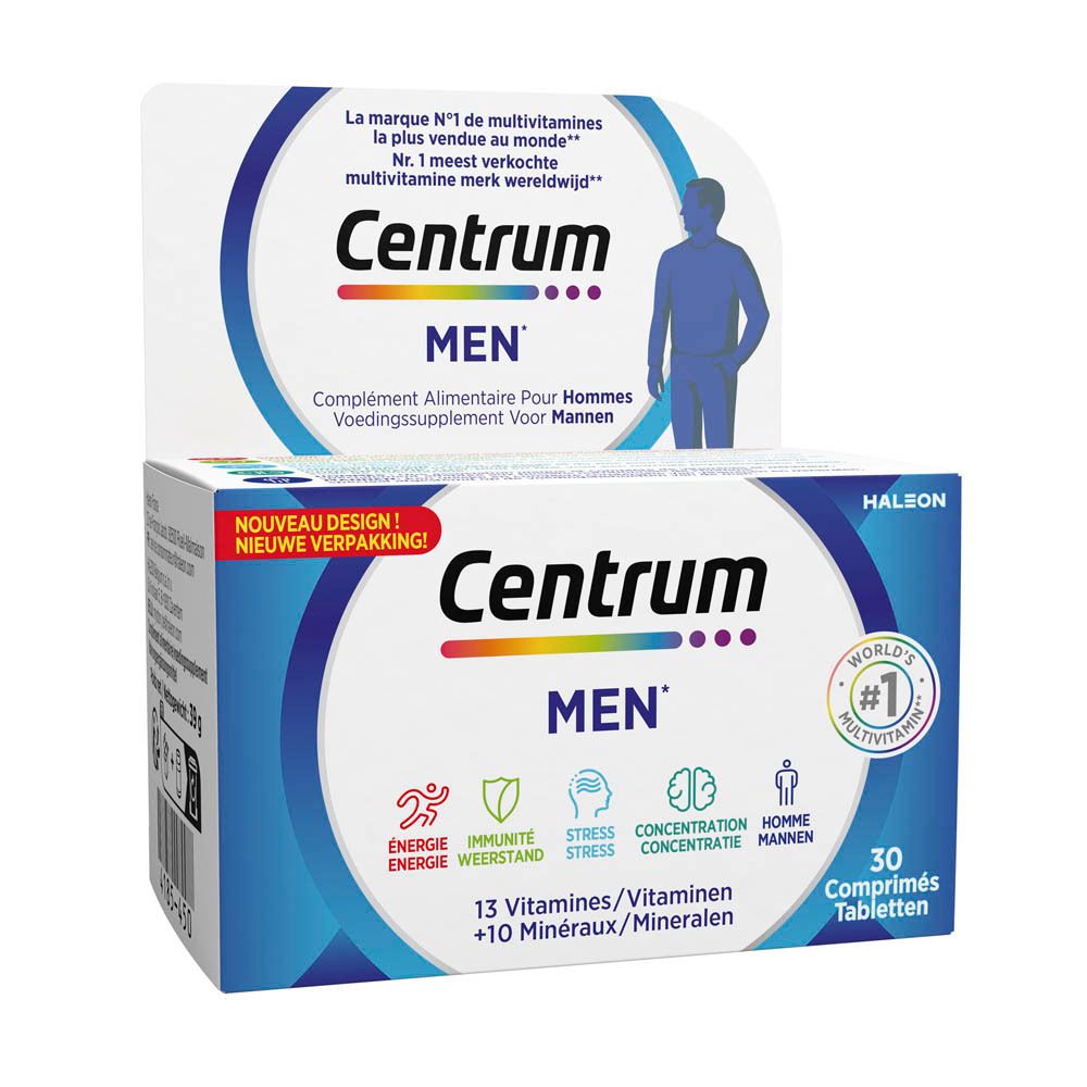 Centrum MEN verpakking en fles. Opschrift: 30 tabletten. 13 vitaminen + 10 mineralen. Blauw design.