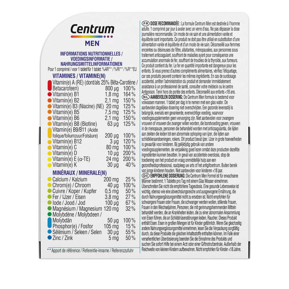 Centrum MEN verpakking en fles. Opschrift: 30 tabletten. 13 vitaminen + 10 mineralen. Blauw design.