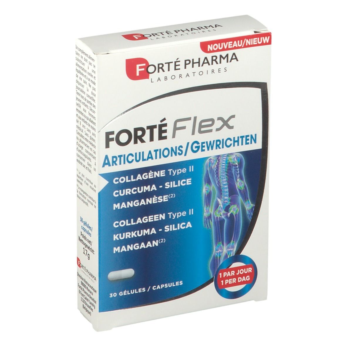 Boîte blanche avec informations produit et une gélule. Inscription: Forté Flex, Articulations. Contient collagène II, curcuma, silice, manganèse.