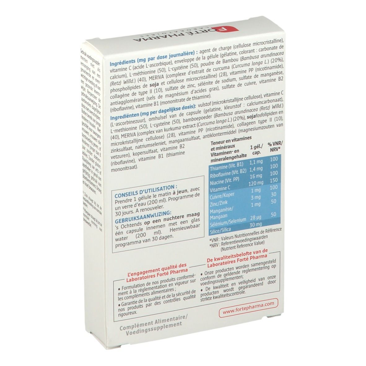 Dos d'un emballage produit blanc. Contient informations ingrédients, conseils d'utilisation et valeurs nutritionnelles. Marque: Forté Pharma.