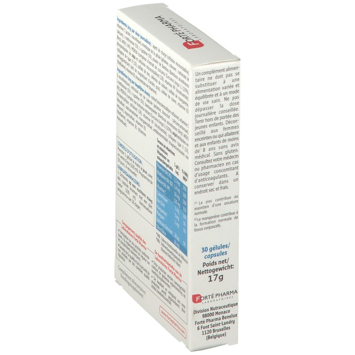 Vue latérale d'un emballage produit blanc. Contient informations ingrédients, conseils d'utilisation et valeurs nutritionnelles. Marque: Forté Pharma.