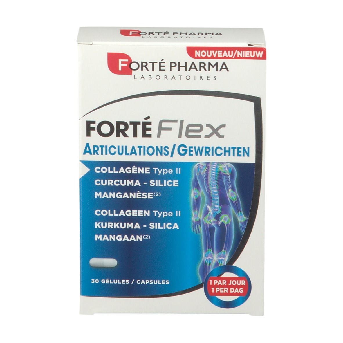 Boîte blanche avec informations produit et une gélule. Inscription: Forté Flex, Articulations. Contient collagène II, curcuma, silice, manganèse.