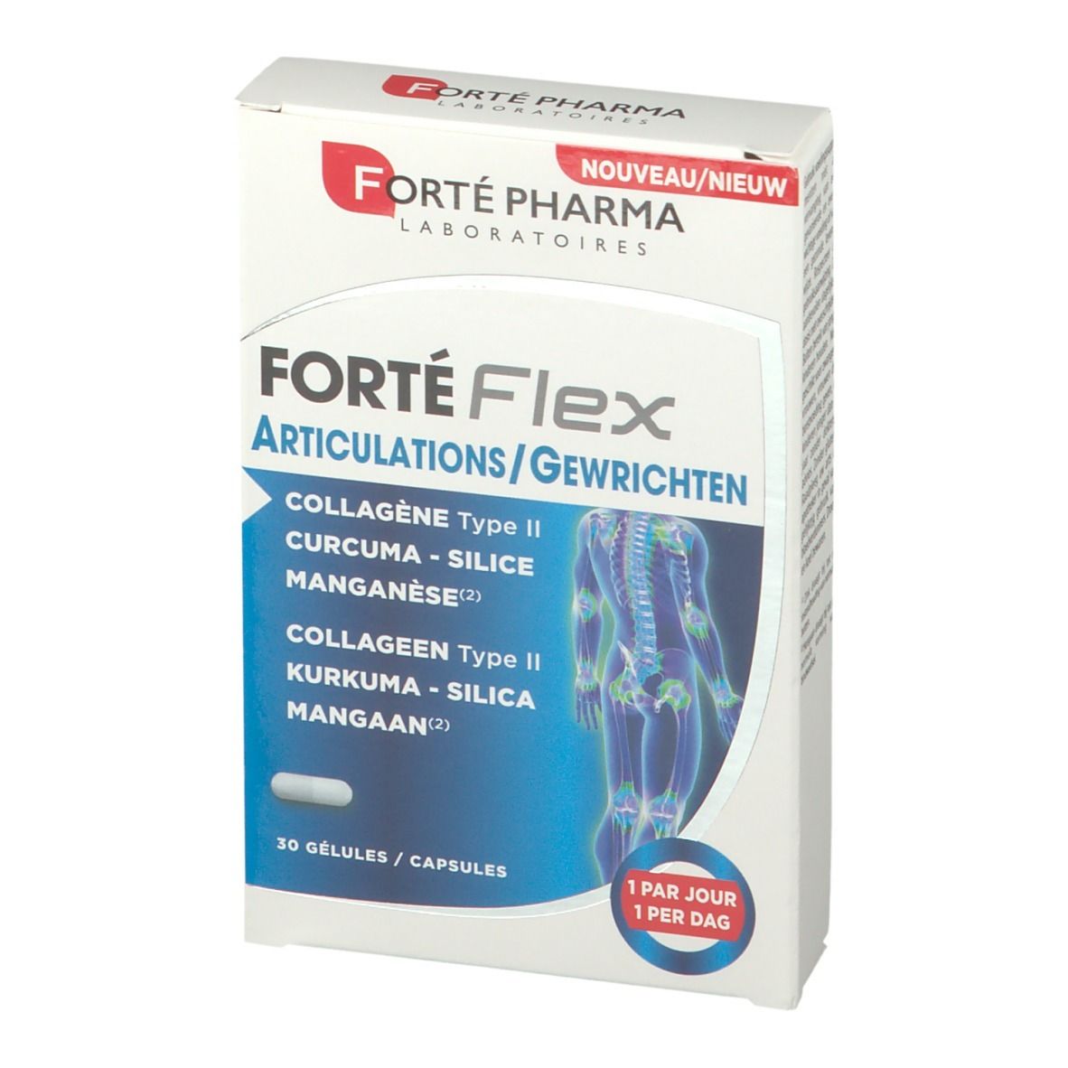 Boîte blanche avec informations produit et une gélule. Inscription: Forté Flex, Articulations. Contient collagène II, curcuma, silice, manganèse.