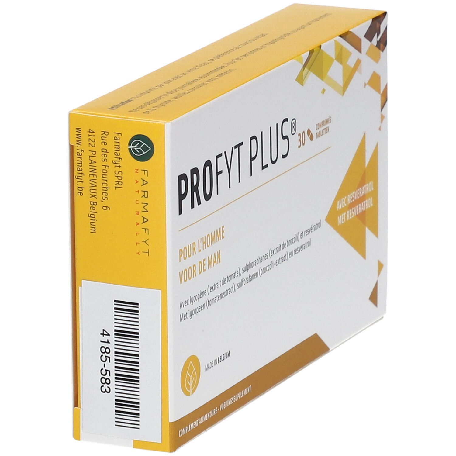 Boîte de Profyt Plus. Design jaune et blanc avec nom et texte. Code-barres et adresse de l'entreprise.