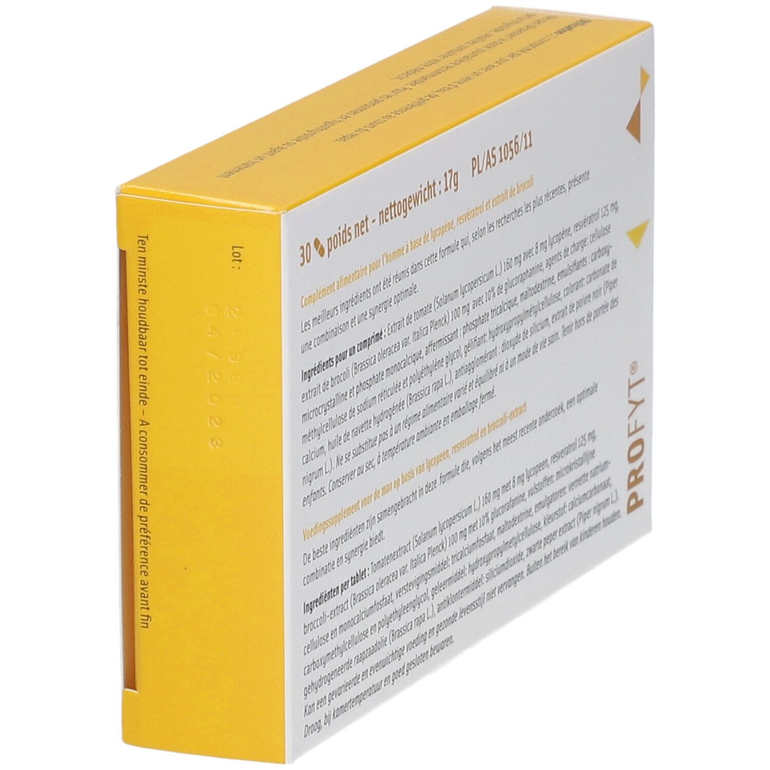 Vue latérale de la boîte Profyt Plus. Contient du texte et des informations. Design jaune et blanc.