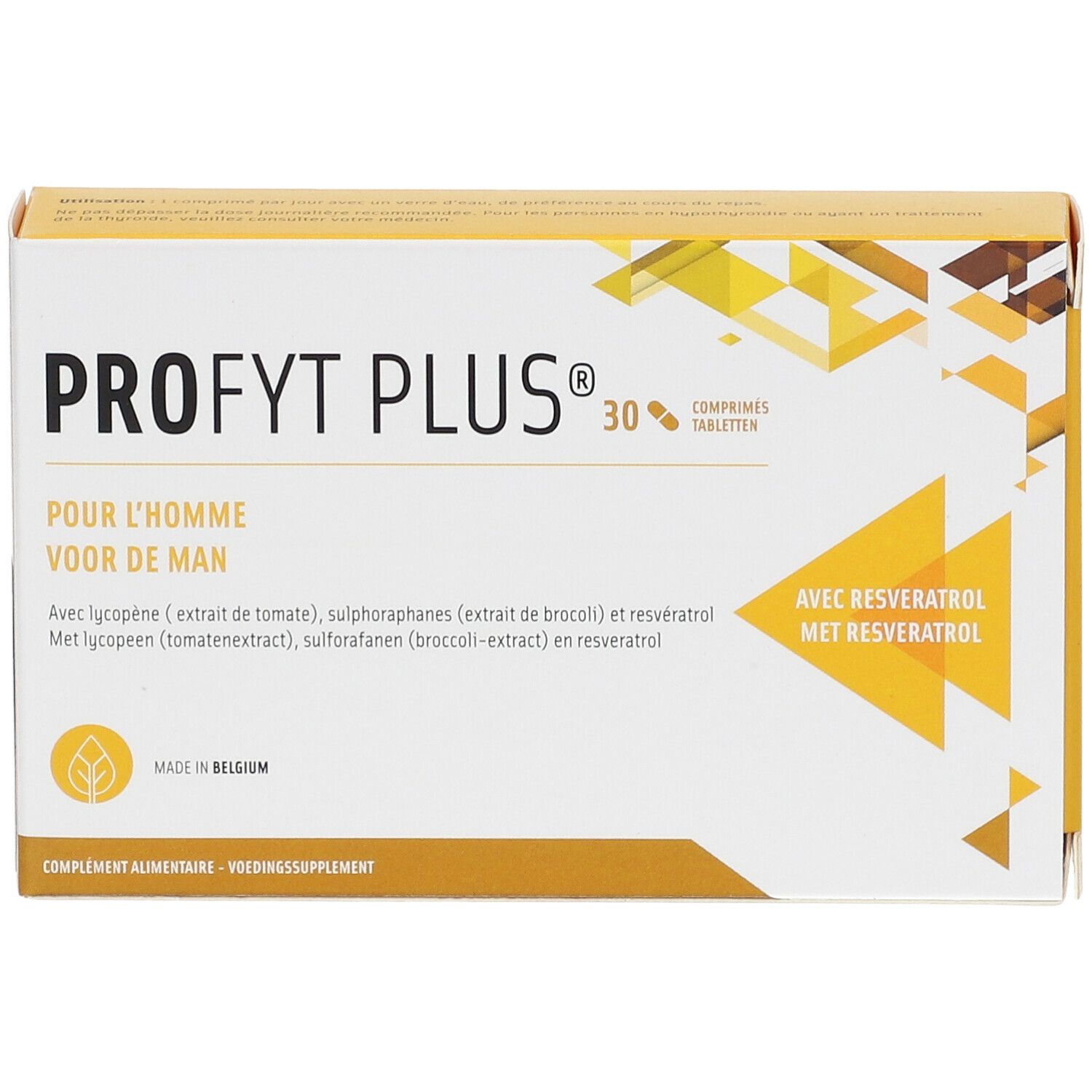 Face avant de la boîte Profyt Plus. Nom du produit, texte et logo. Contient 30 comprimés.