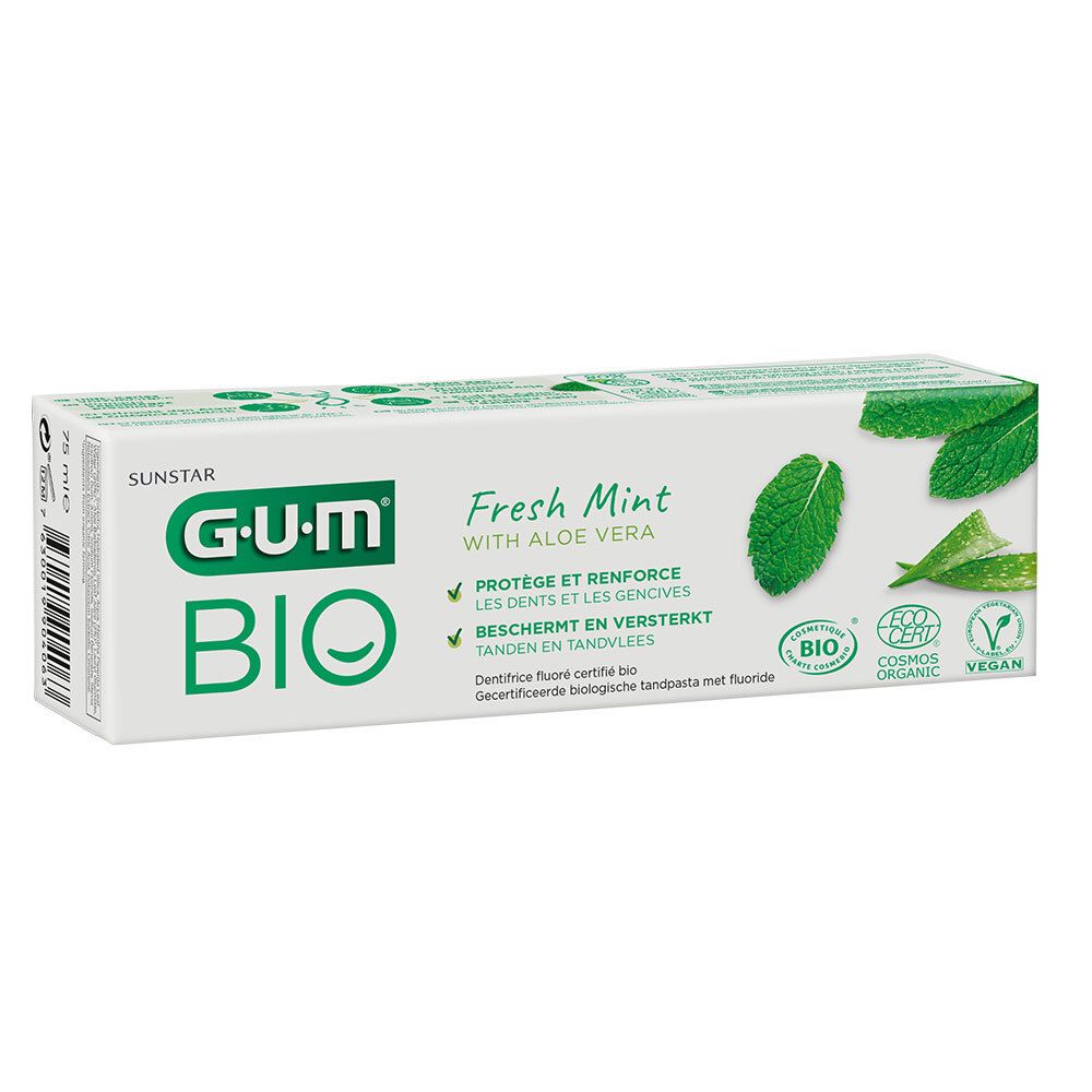 Tandpastadoos G.U.M BIO Fresh Mint met Aloe Vera. Groen-witte verpakking, bio- en vegan-logo's.