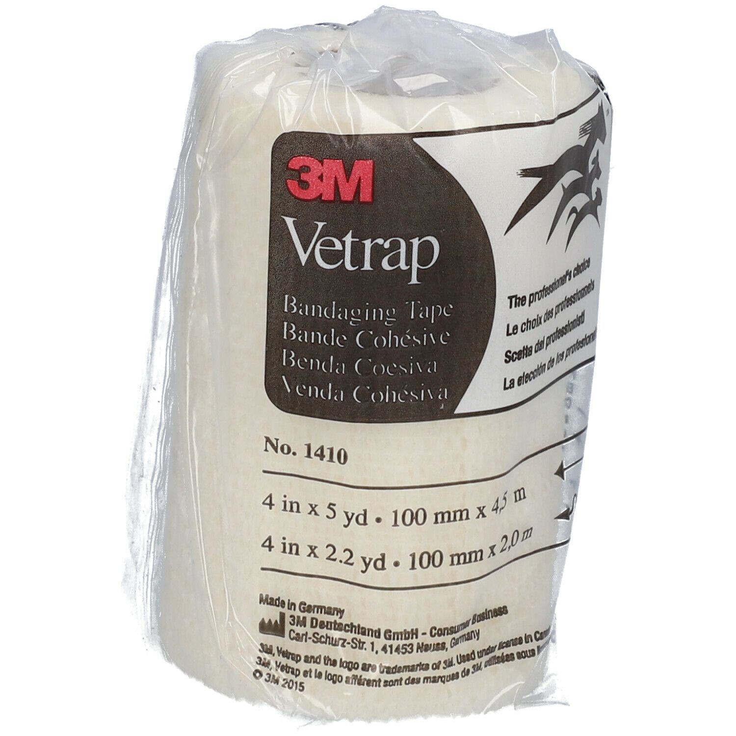 Witte 3M Vetrap bandage in verpakking. Opschrift: Bandaging Tape, 10 cm x 4,5 m.