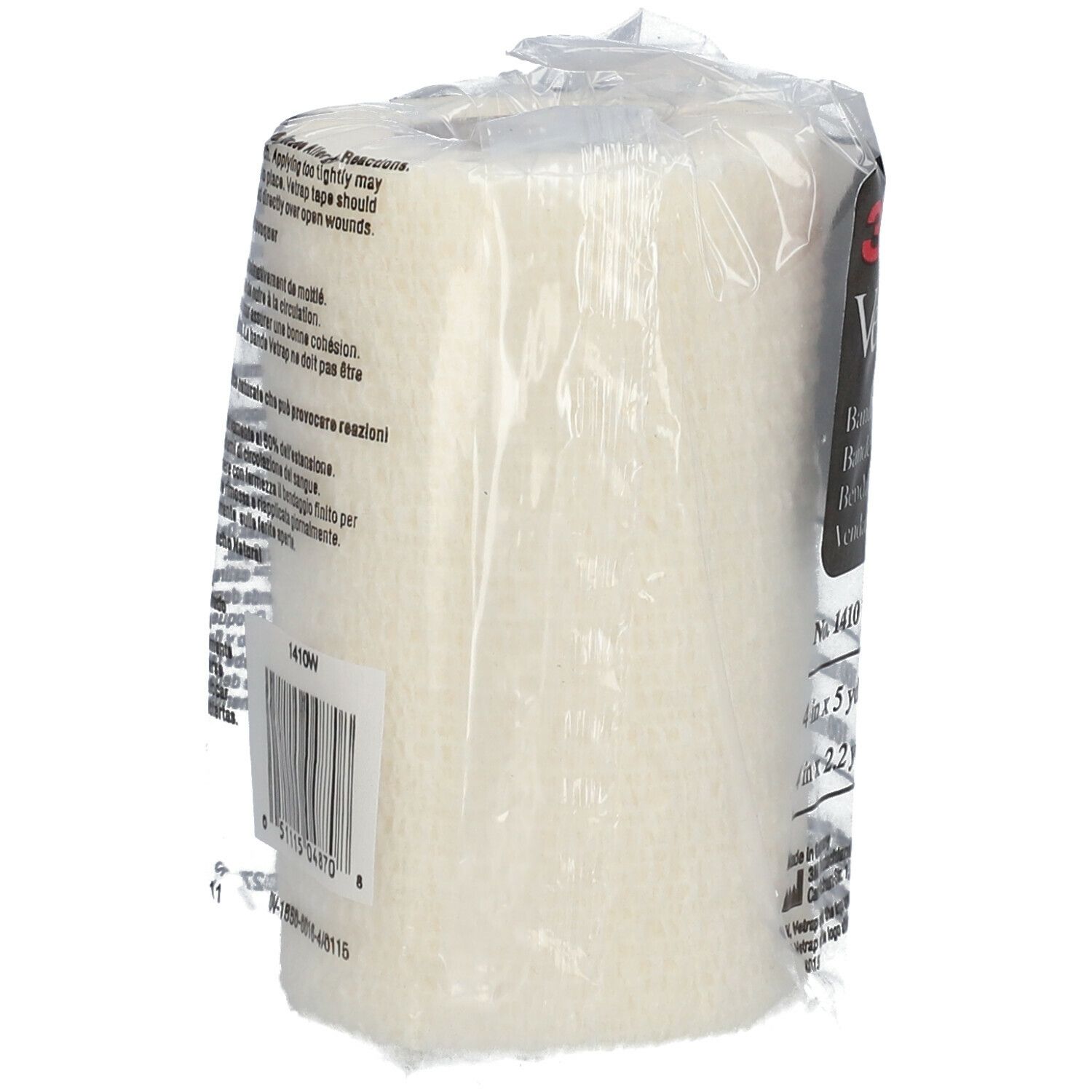 Witte 3M Vetrap bandage in verpakking. Barcode en tekst op de verpakking.