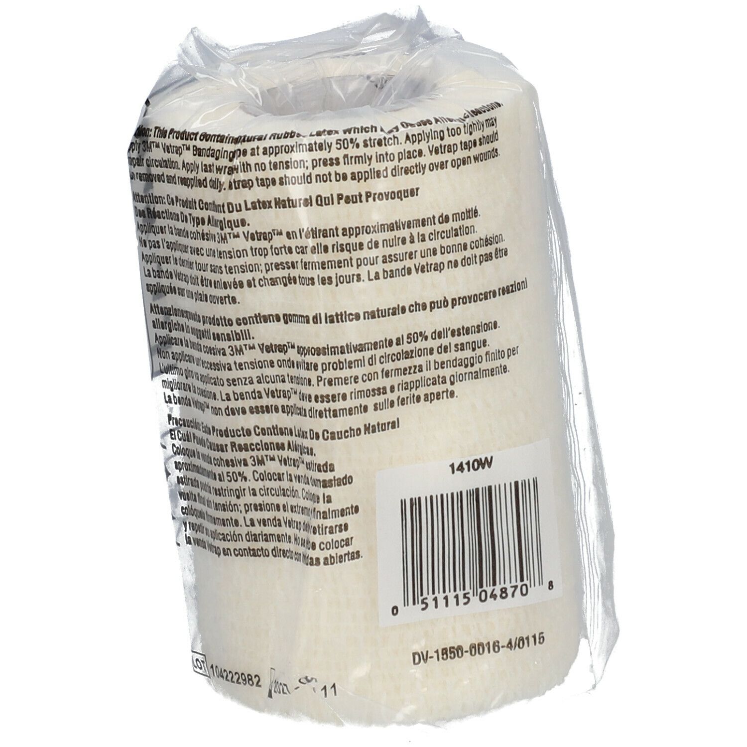 Witte 3M Vetrap bandage in verpakking. Achterkant met tekst en barcode.