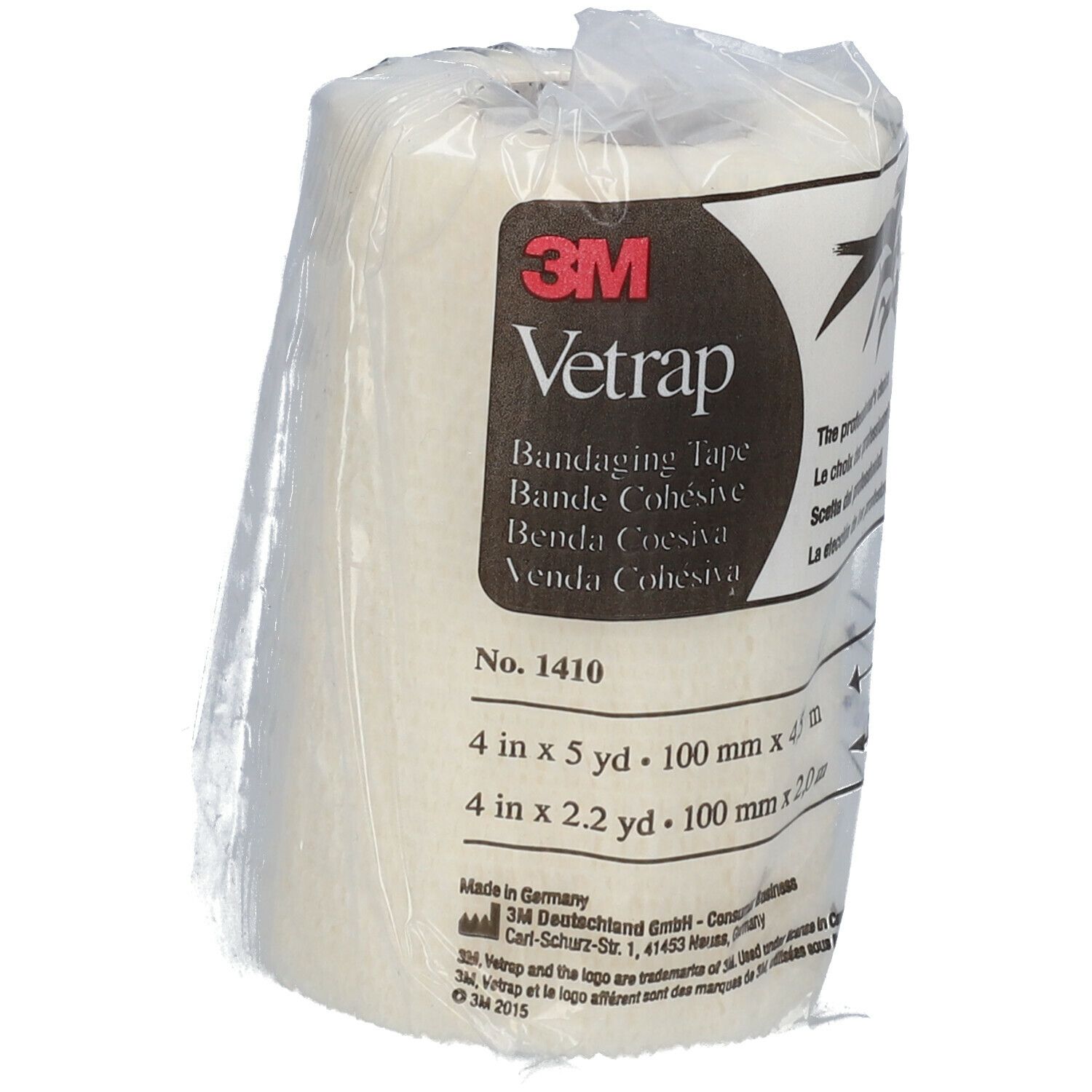 Witte 3M Vetrap bandage in verpakking. Opschrift: Bandaging Tape, 10 cm x 4,5 m.