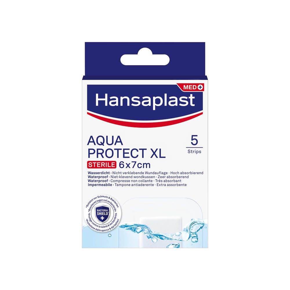 Hansaplast MED AQUA PROTECT XL verpakking. Vooraanzicht. 5 pleisters, steriel, waterdicht.