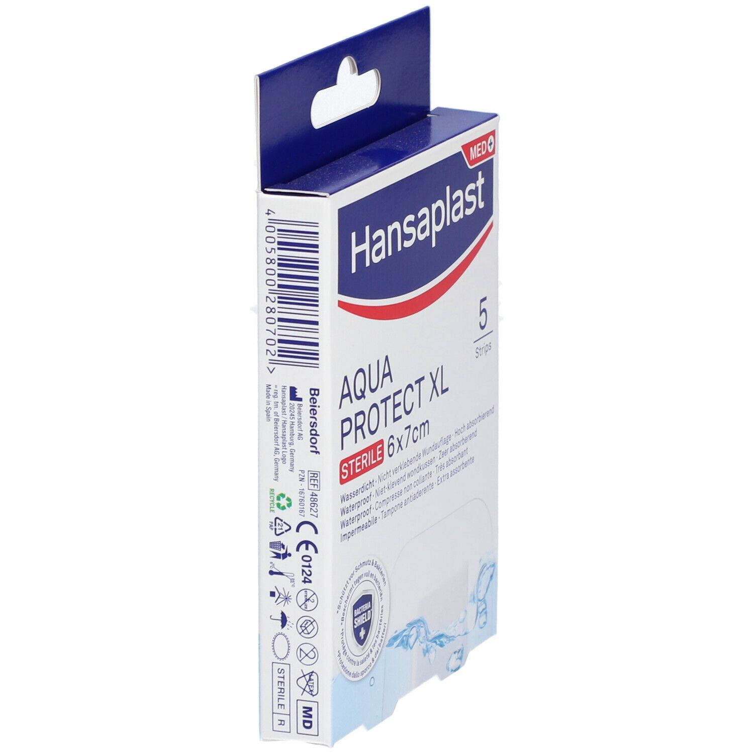 Hansaplast MED AQUA PROTECT XL Verpackung. Seitenansicht. Produktinformationen, Größe 6x7cm, 5 Pflaster, steril.