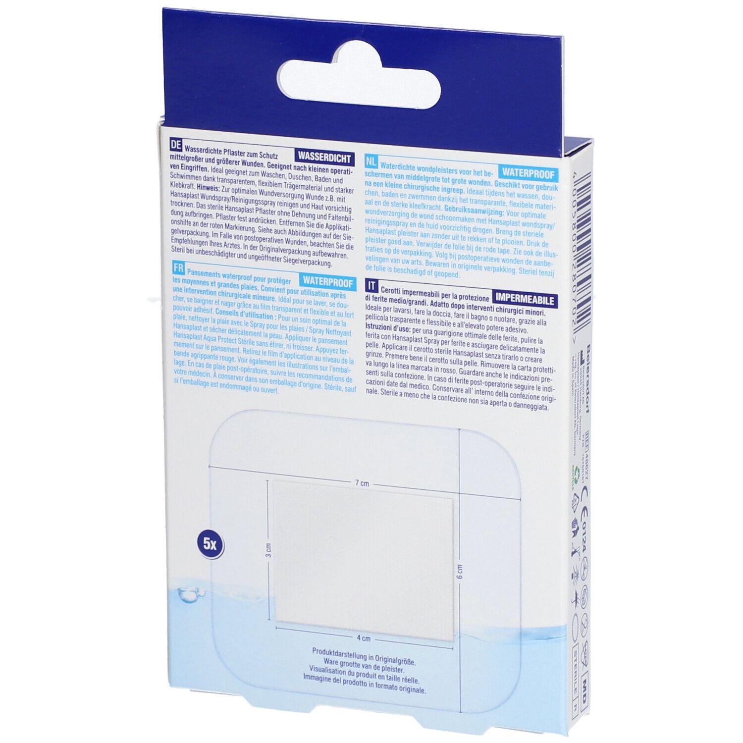 Rückseite der Hansaplast MED AQUA PROTECT XL Verpackung. Produktinformationen, Größenangabe, 5 Pflaster.