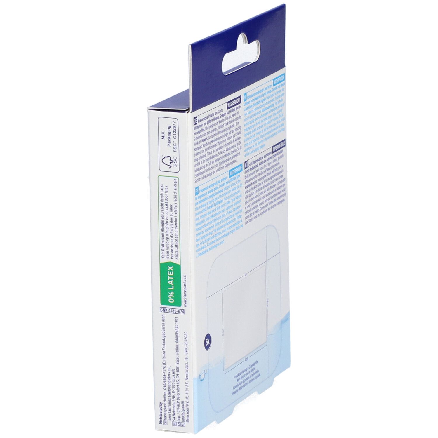 Hansaplast MED AQUA PROTECT XL Verpackung. Seitenansicht mit Produktinformationen. FSC-Zertifizierung.