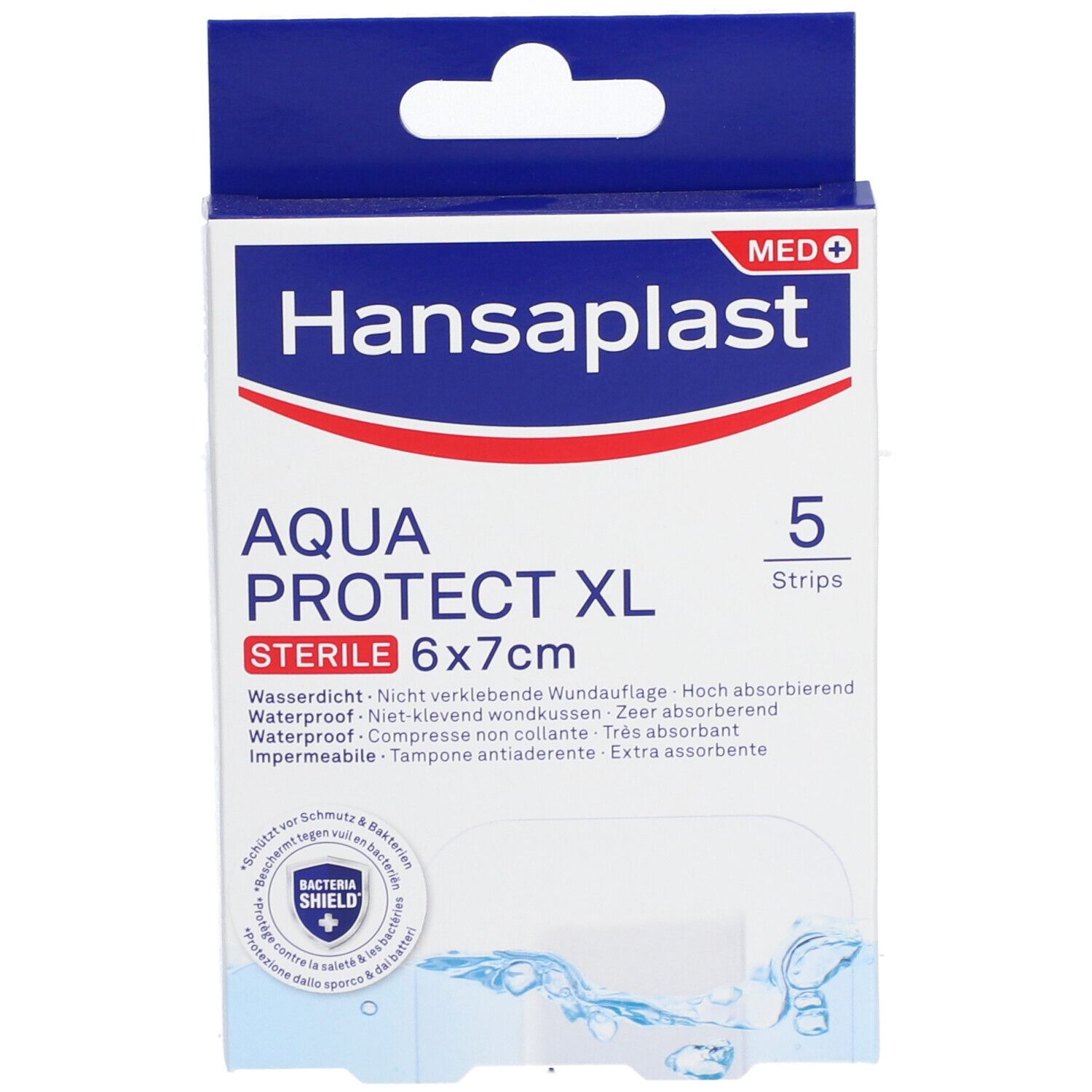 Hansaplast MED AQUA PROTECT XL, 6x7cm, 5 Pflaster. Sterile, wasserdichte Wundauflage. Verpackung mit Produktinformationen.