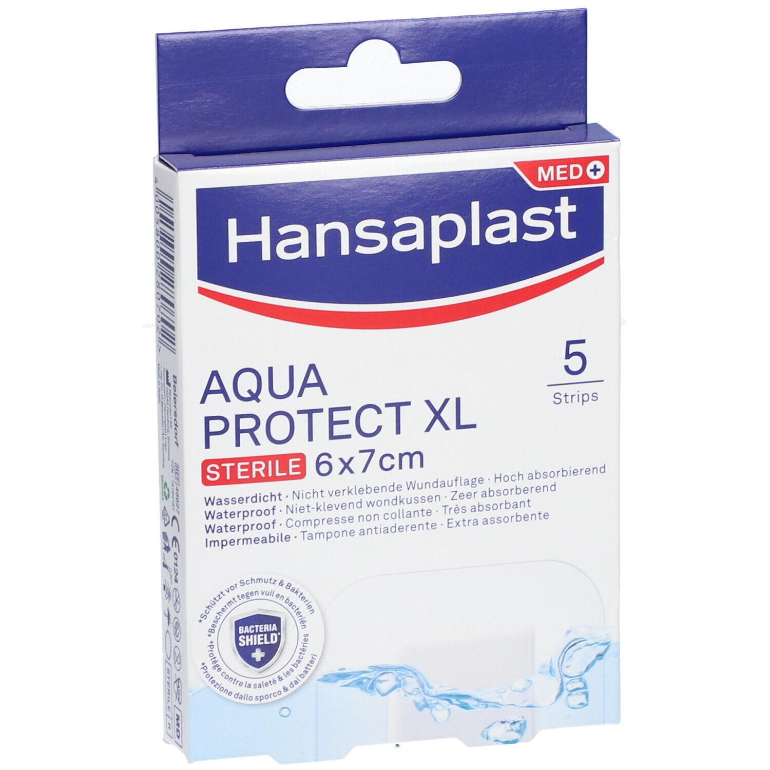 Hansaplast MED AQUA PROTECT XL, 6x7cm, 5 Pflaster. Sterile, wasserdichte Wundauflage. Verpackung mit Produktinformationen.