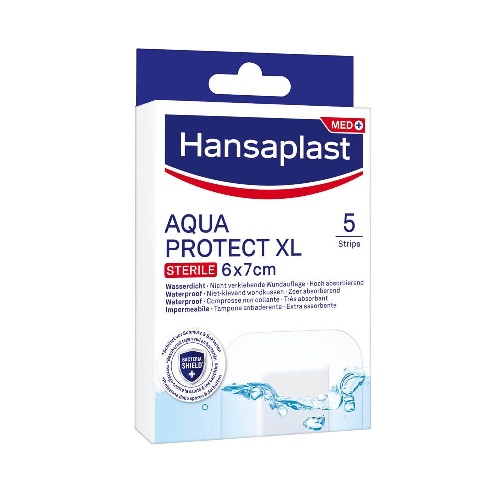 Hansaplast MED AQUA PROTECT XL verpakking. Vooraanzicht. 5 pleisters, steriel, waterdicht.