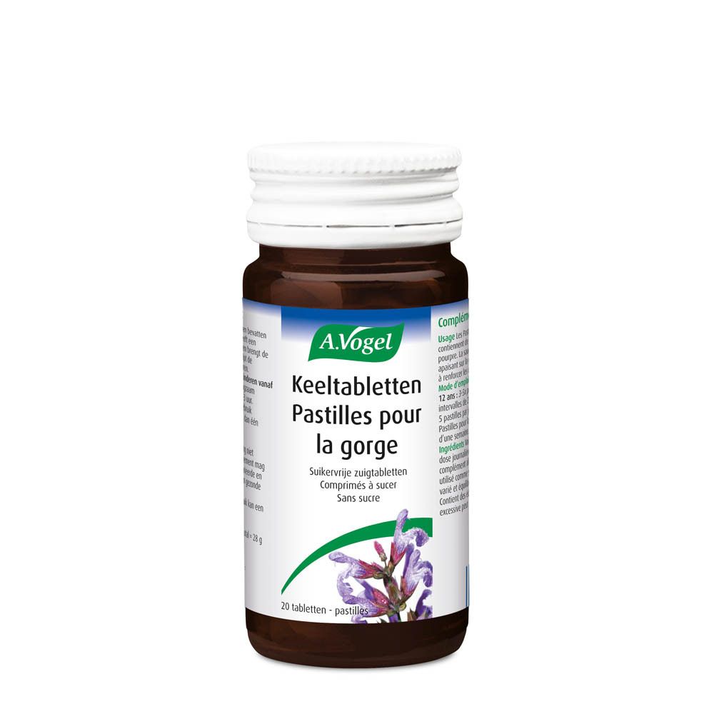 Flacon marron avec bouchon blanc. Étiquette A.Vogel, Keeltabletten, Pastilles pour la gorge. 20 comprimés, sans sucre.
