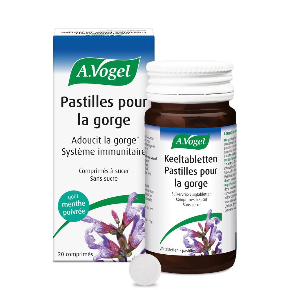 Emballage et flacon. A.Vogel Pastilles pour la gorge, 20 comprimés. Boîte goût menthe poivrée. Un comprimé à côté.