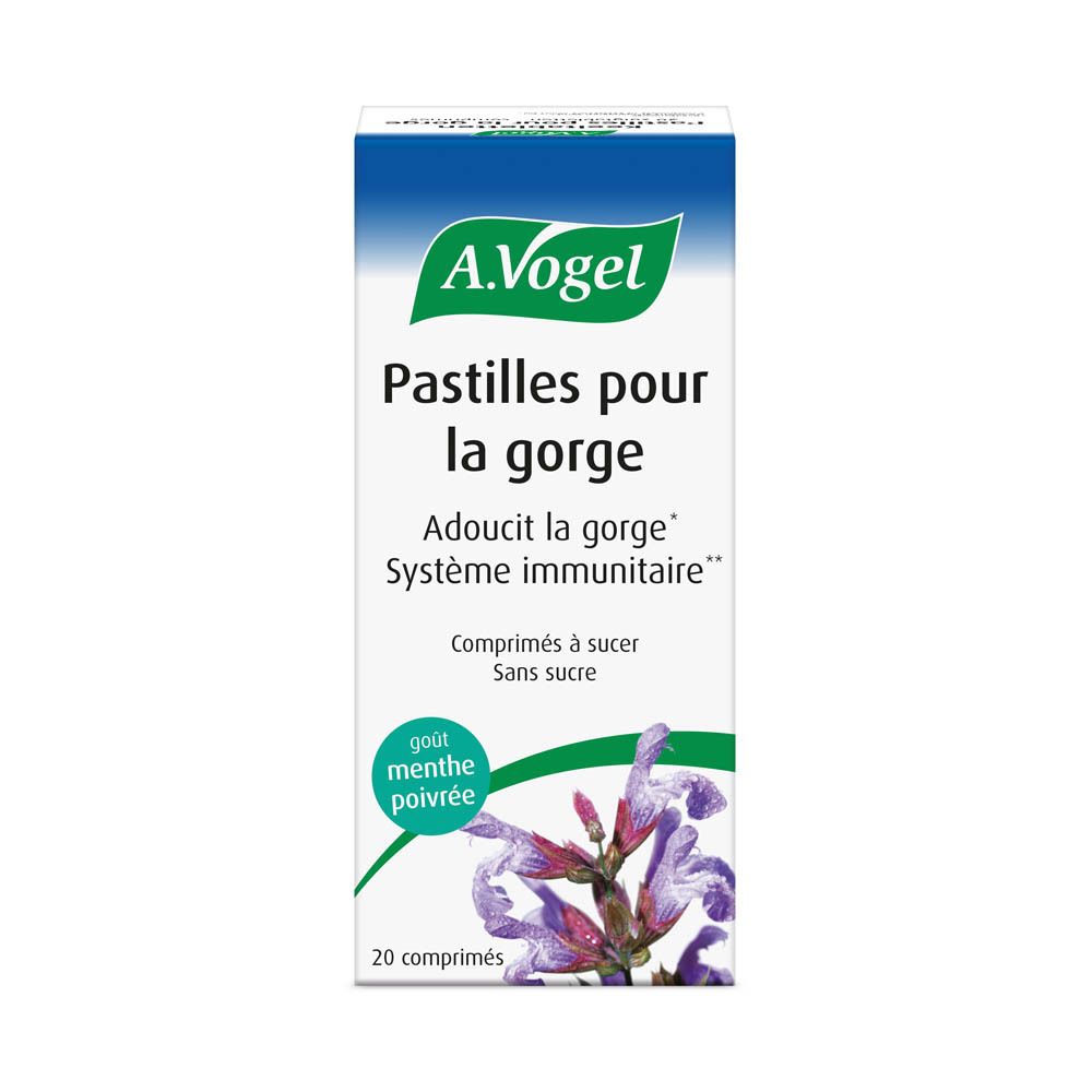 Boîte A.Vogel Pastilles pour la gorge, 20 comprimés. Texte: Adoucit la gorge, Système immunitaire. Goût menthe poivrée.