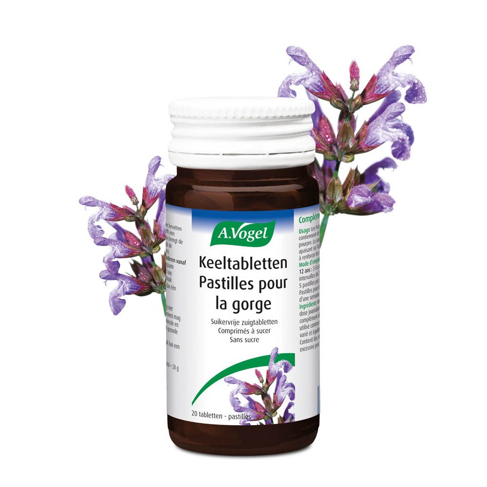 Flacon marron avec bouchon blanc. Étiquette A.Vogel, Keeltabletten, Pastilles pour la gorge. 20 comprimés, sans sucre. Fleurs.