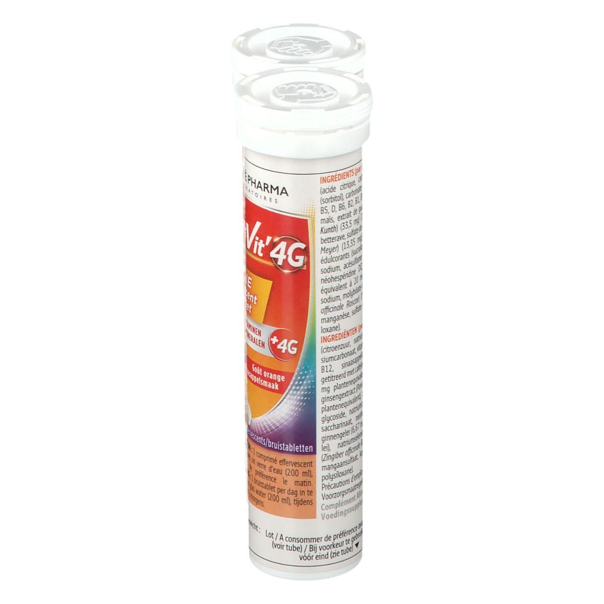 Twee tubes Forté Pharma Multivit' 4G Energie bruistabletten. Ingrediëntenlijst. 12 vitaminen, 7 mineralen.