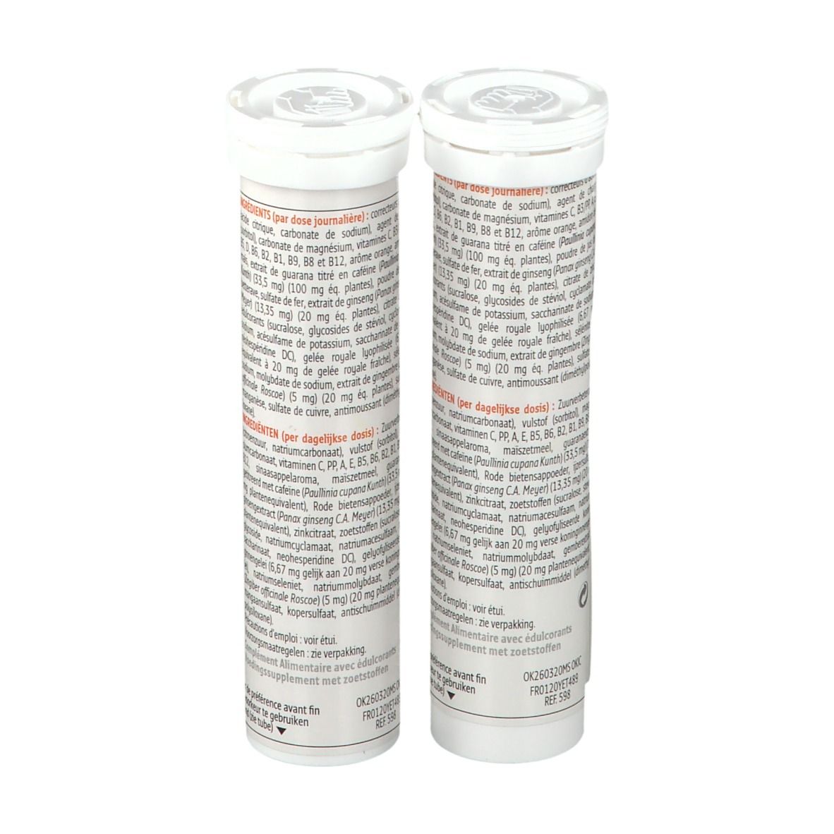 Twee tubes Forté Pharma Multivit' 4G Energie bruistabletten. Ingrediëntenlijst. 12 vitaminen, 7 mineralen.