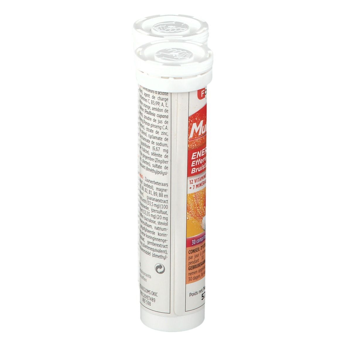 Een tube Forté Pharma Multivit' 4G Energie bruistabletten. 12 vitaminen, 7 mineralen. Gewicht: 57g.