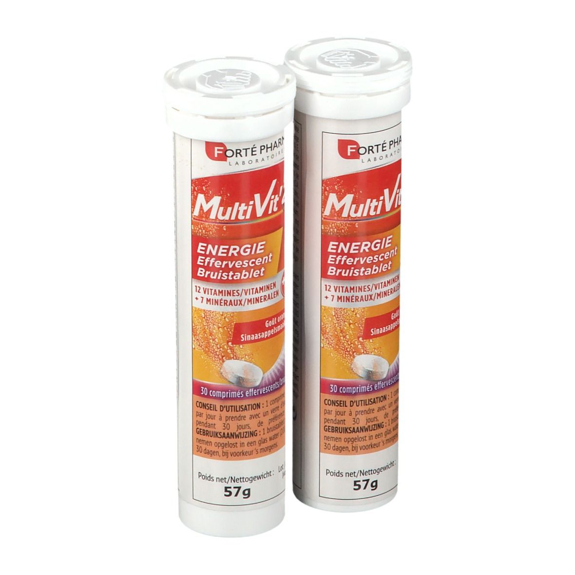 Twee tubes Forté Pharma Multivit' 4G Energie bruistabletten. 12 vitaminen, 7 mineralen. Gewicht: 57g.