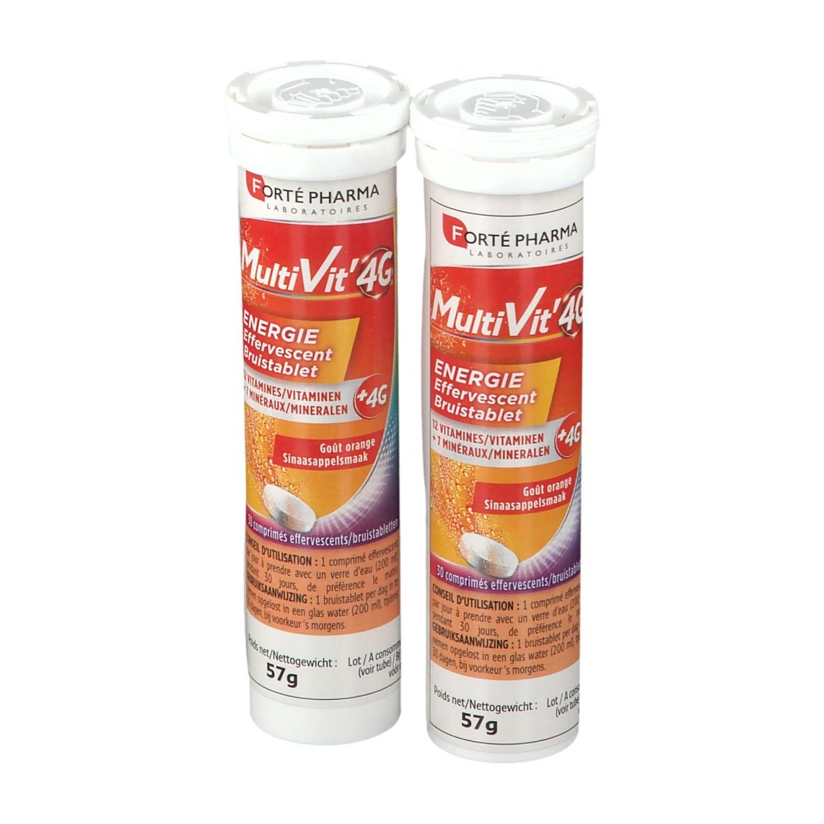 Twee tubes Forté Pharma Multivit' 4G Energie bruistabletten. 12 vitaminen, 7 mineralen. Gewicht: 57g.