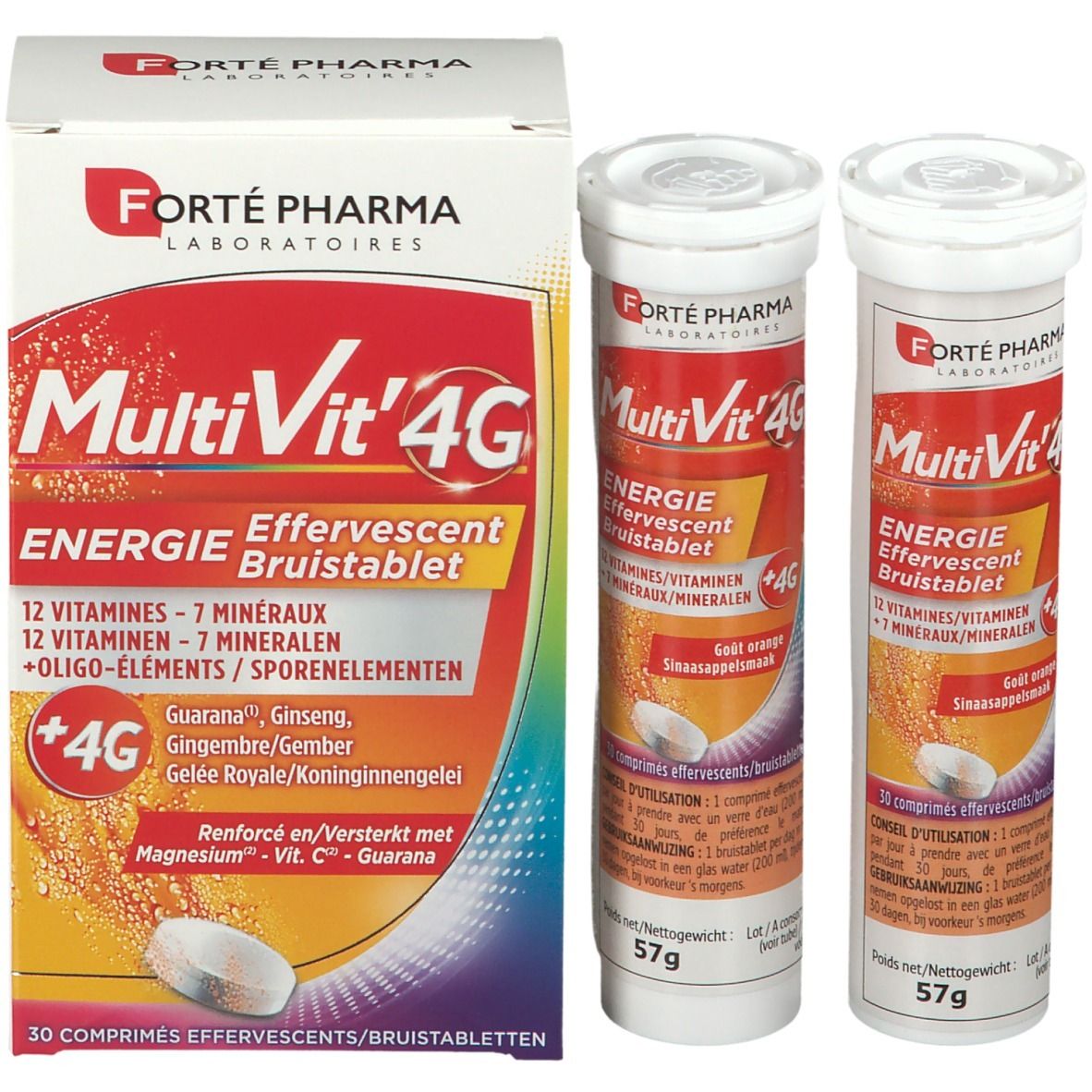 Verpakking Forté Pharma Multivit' 4G Energie met twee tubes en een doos. Bevat 12 vitaminen, 7 mineralen.
