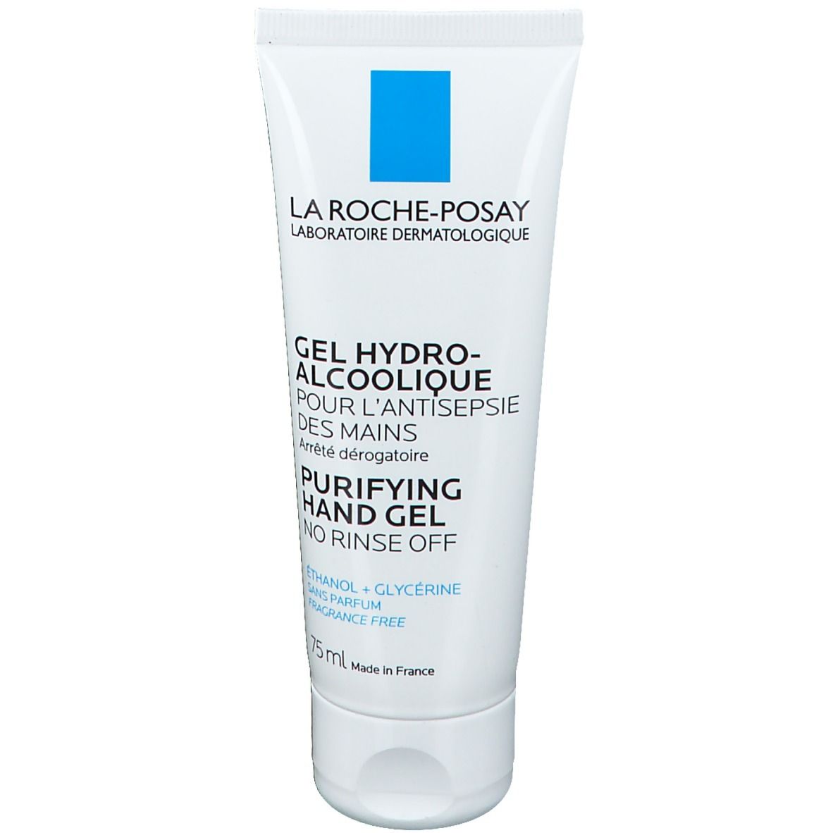 Tube blanc avec carré bleu et texte. Nom du produit : PURIFYING HAND GEL. Marque : La Roche-Posay. Contenance : 75 ml.