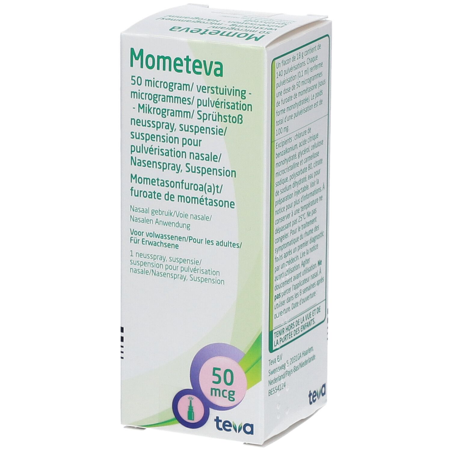 Doos met productinformatie. Opschrift: Mometeva, 50 mcg. Teva-logo. Groen-witte verpakking.