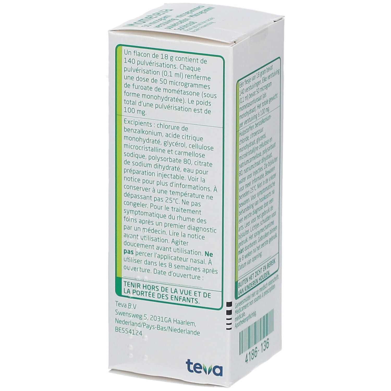Achterkant van de verpakking met productinformatie. Meertalige tekst. Teva-logo. Groen-witte verpakking.